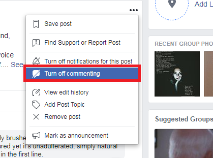 facebook can t turn off comments