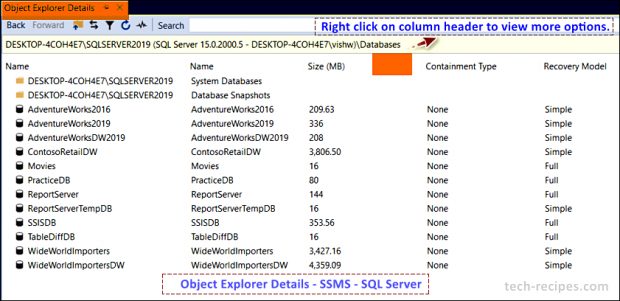 Object Explorer Details - SSMS - SQL Server