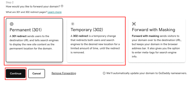 GoDaddy Domain Forwarding Option 2