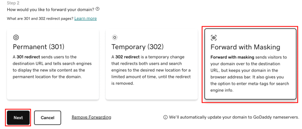 GoDaddy Domain Forwarding Option 1