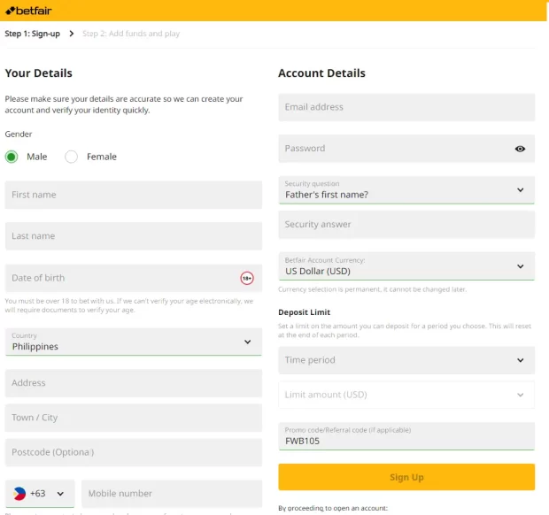 Betfair Sign Up Sheet