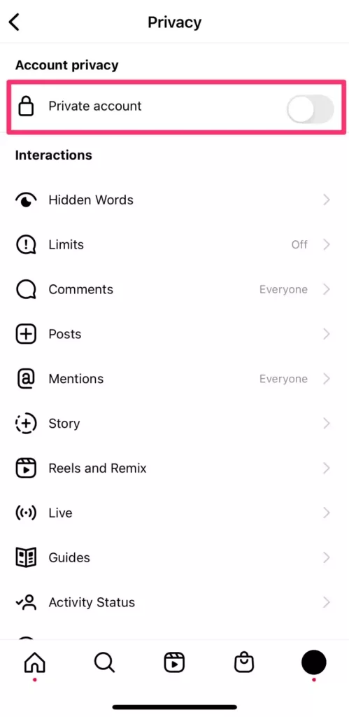 instagram privacy setting