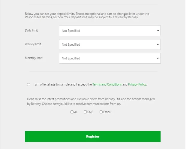 Betway Registration Deposit Limits