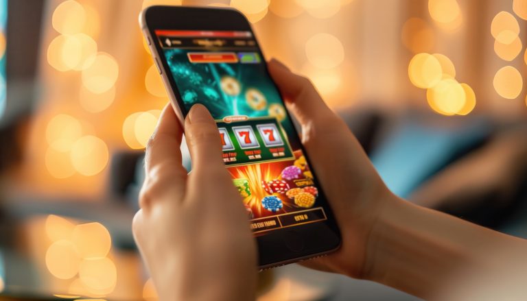 hands playing slot machine game smartphone