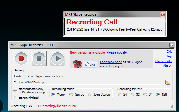 MP3 Skye Recorder Interface Settings