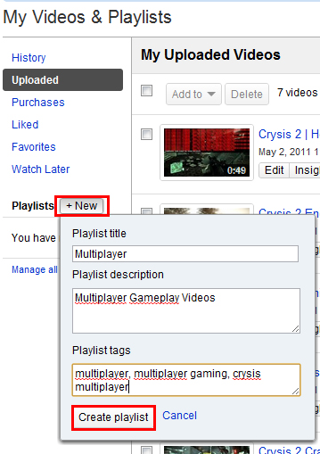 youtube create new video playlist