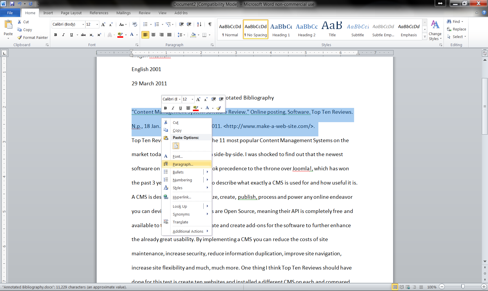 how to set hanging indent in word 2010