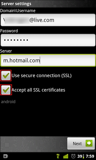 hotmail email settings android