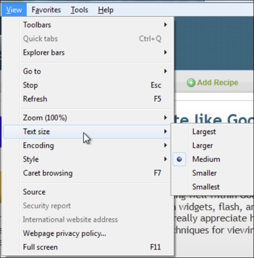 changing text size in IE